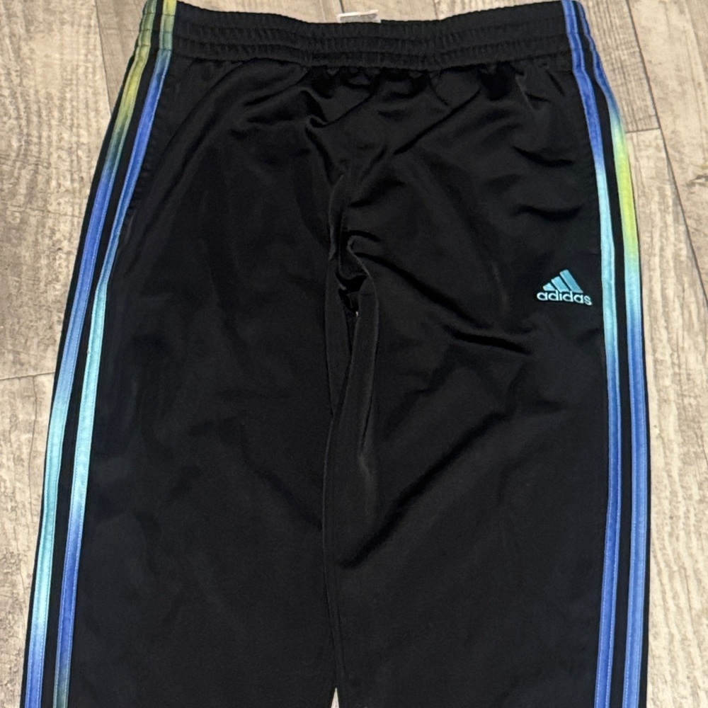 Adidas Kids Black Joggers with Blue and Green Stripes